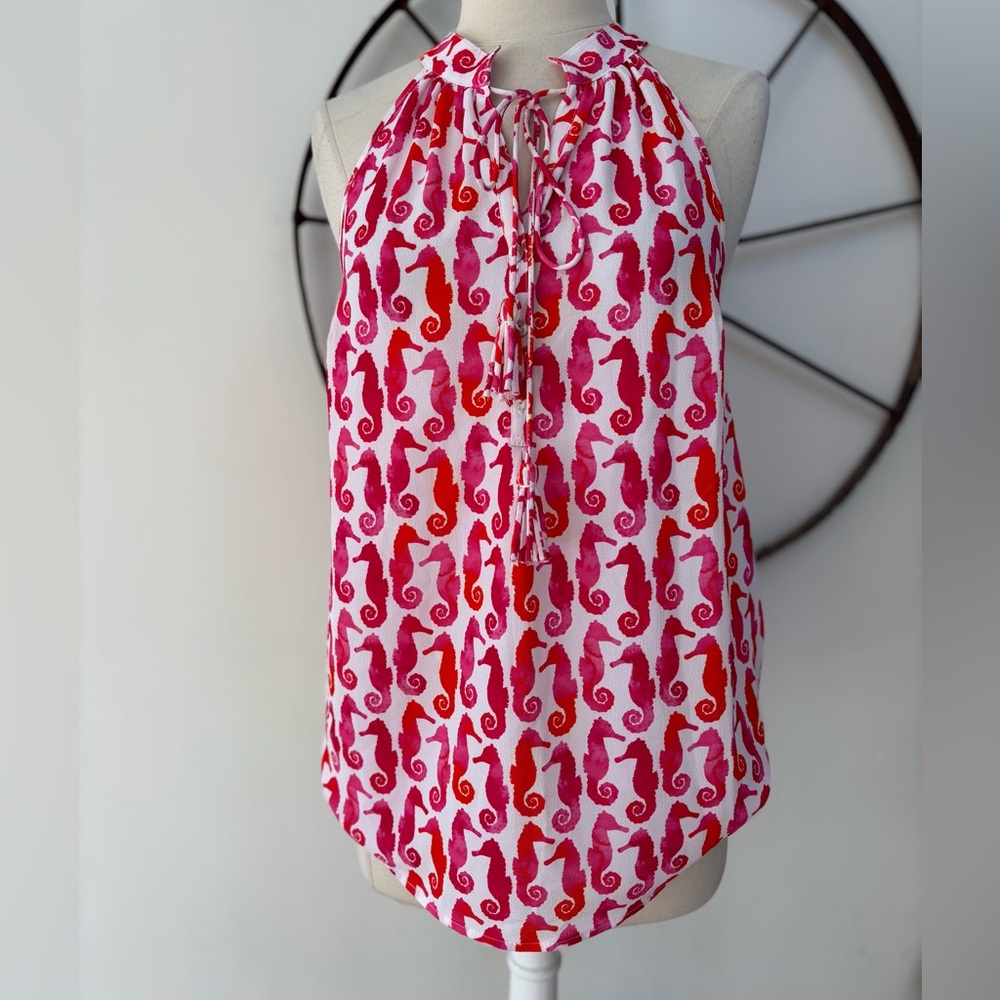 Mud Pie seahorse print tassel tie sleeveless blouse S NWT